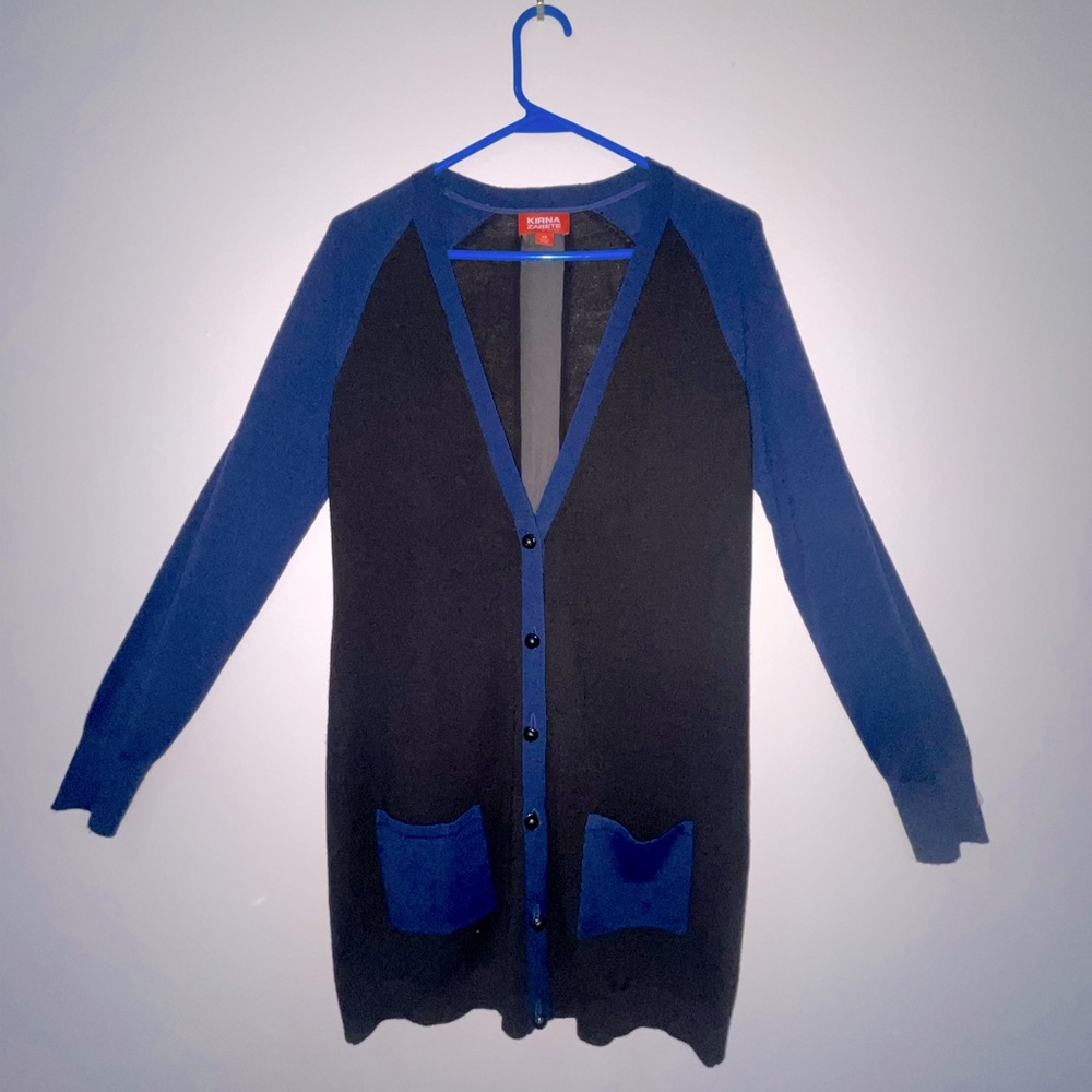 Kirna Zabete Long Button Down Black & Navy Cardigan | Size XS